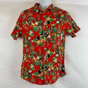 Disney Men's Hawaiian Shirt M Button Front Short Sleeve Mickey Red Green Yellow